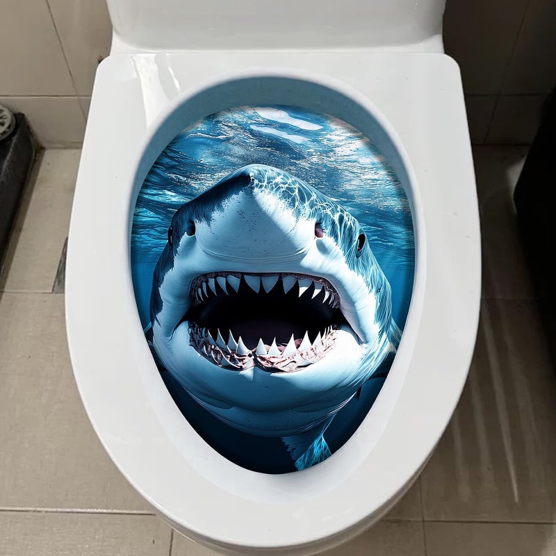 Iprokiu Cute Animal Toilet Sticker Waterproof 3D Funny Dog Cracking Toilet Seat Lid Decal Bathroom Wall Sticker Squirrel Toilet Lid Decal Home Decoration (Shark) - Image 1